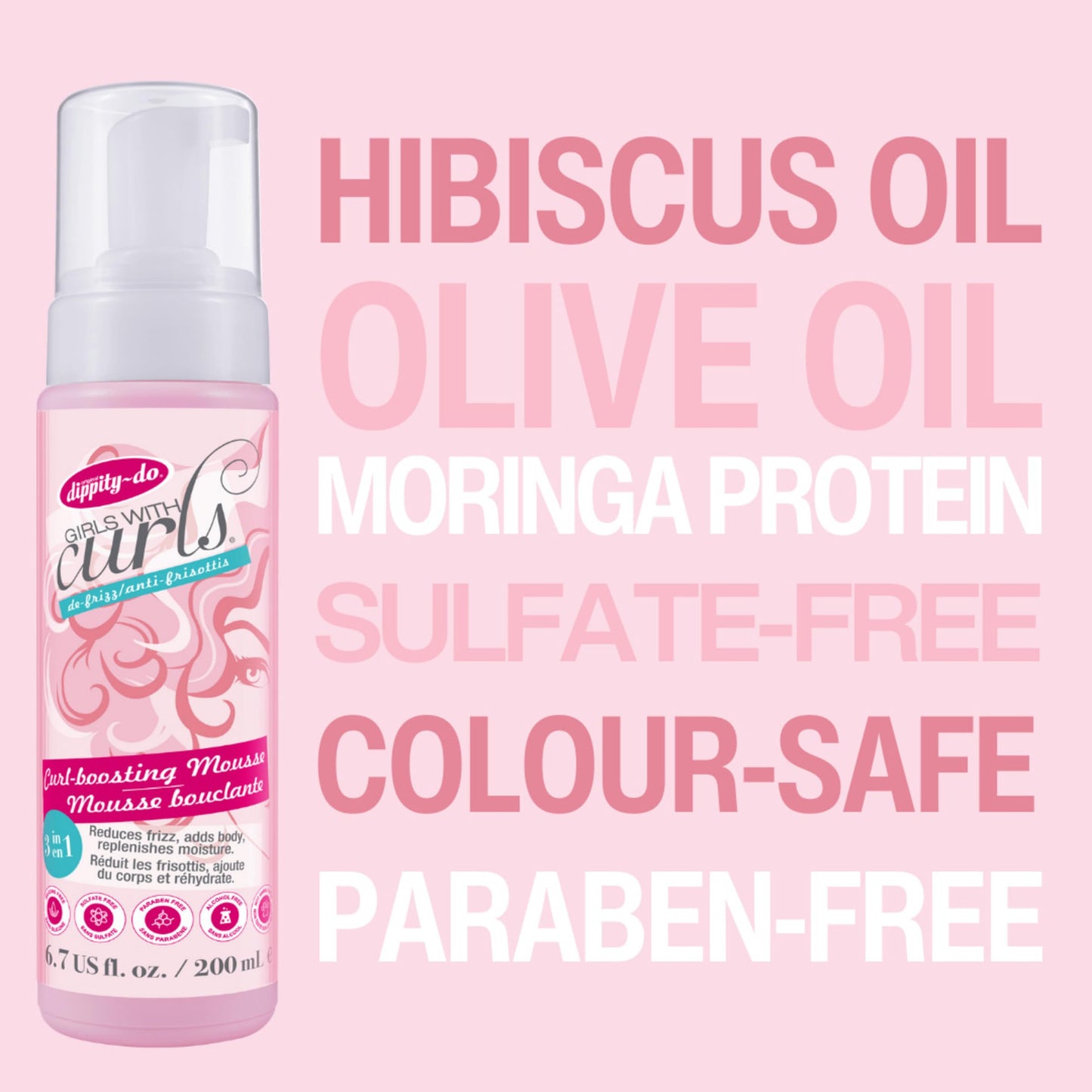 Dippity Do Girls With Curls Curl Enhancing Mousse, Light, 3-in-1 Defining Foaming Mousse for Curly Wavy Hair, Hibiscus, Olive Oil, Anti Frizz Bouncy Curls For Women, Air Dry, Alcohol Free, 6.7 Fl Oz