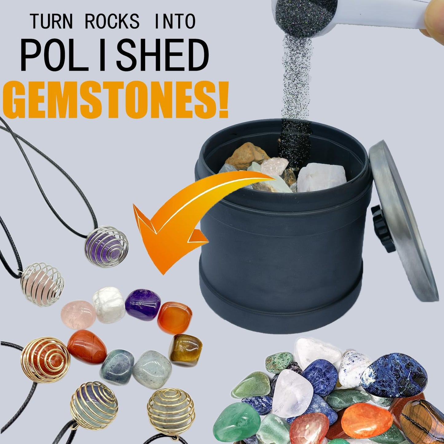 6-in-1 Rock Tumbler Kit – 4-Step Grit, Ceramic Refill, 9 Rocks, Polish & Accessories for Complete Rock Tumbling Fun