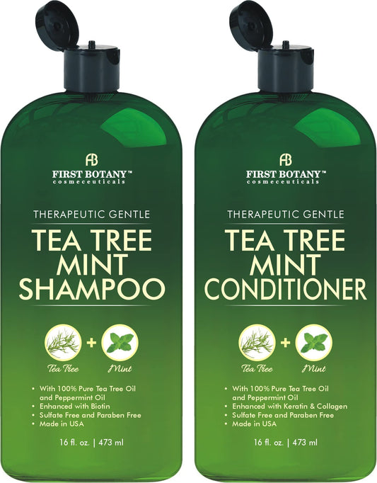 First Botany Tea Tree Mint Shampoo & Conditioner Set – With Peppermint Oil – Fights Dandruff, Hair Loss & Itchy Scalp – Sulfate Free, 16 Fl Oz x 2