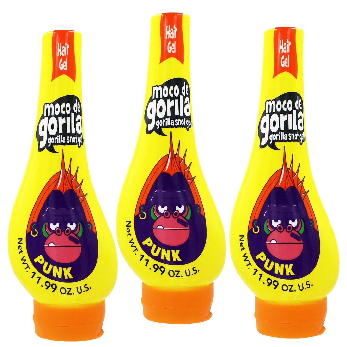 Moco de Gorila Punk, Hair Styling Gel, Reactivate with water, Long-lasting Hold, 3-Pack of 11.99 Oz Each, 3 Squeezable Bottles.