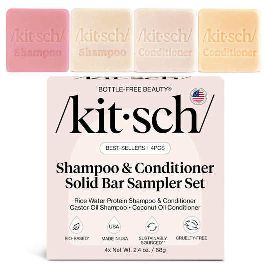 Kitsch Shampoo & Conditioner Bar Set – 4pc Sampler with Rice Water, Castor Oil & Coconut Oil – Bottle-Free Hair Care for Growth, Repair & Hydration