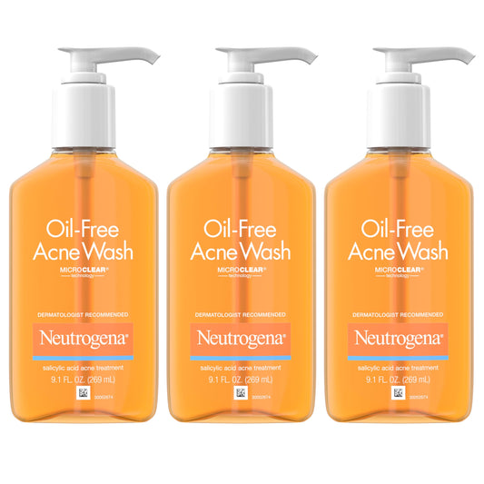 Neutrogena Oil-Free Acne Wash with Salicylic Acid, Acne Fighting Facial Cleanser, Non-Comedogenic, Residue-Free, 9.1 fl oz, 3 Pack