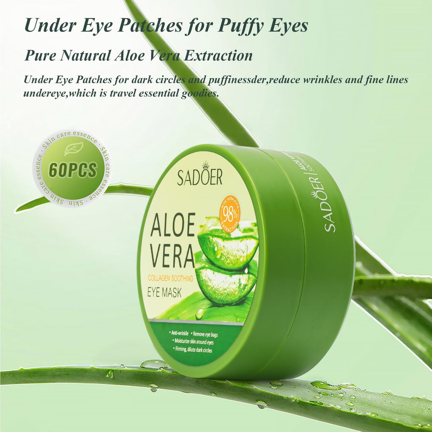 Under Eye Patches – 60 Aloe Vera Masks for Dark Circles, Puffiness, Wrinkles & Fine Lines, Natural Extracts Eye Care Treatment