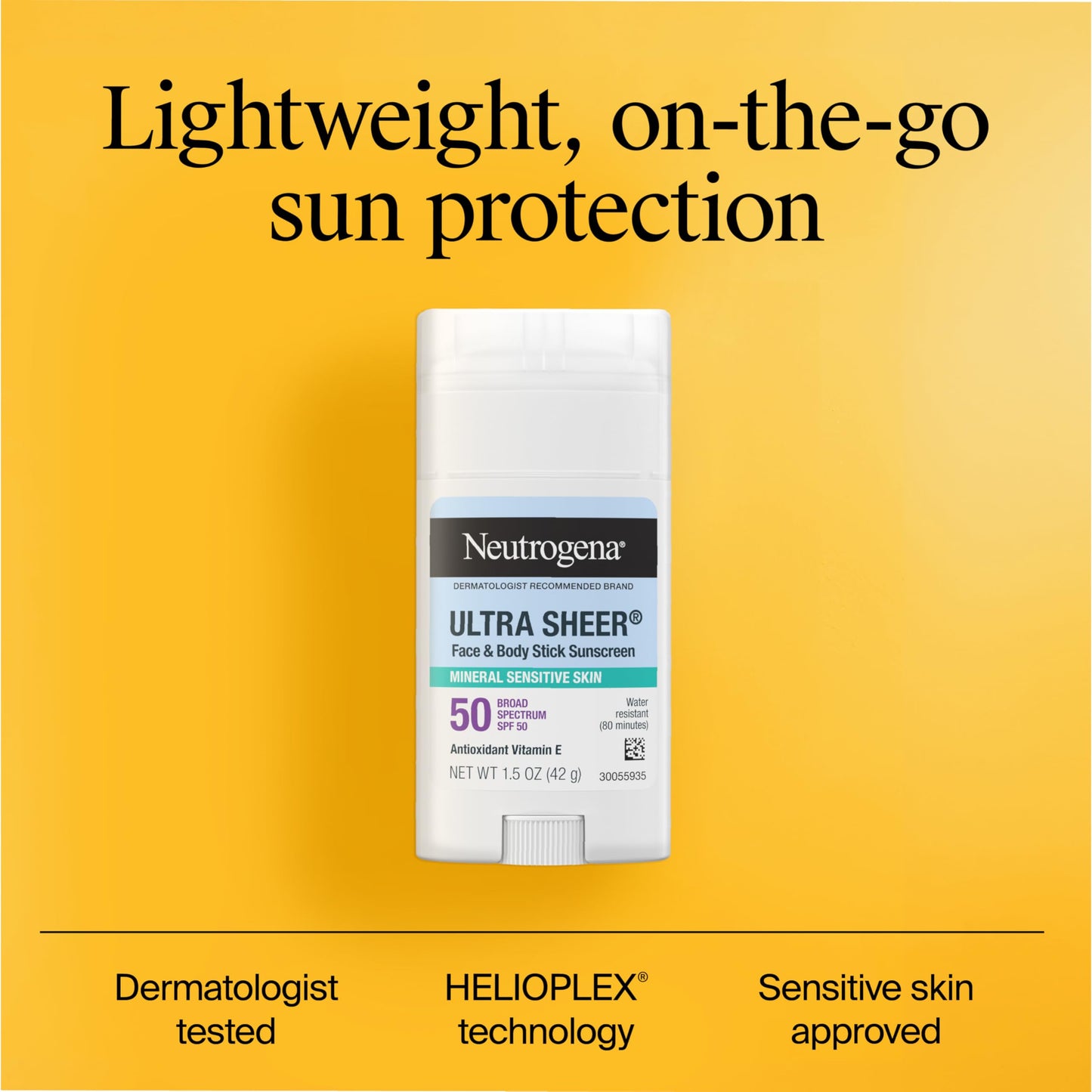 Neutrogena Ultra Sheer Dry-Touch SPF 50 Mineral Sunscreen Stick – Zinc Oxide, Vitamin E, Vegan, No White Residue, Face & Body, 1.5 oz