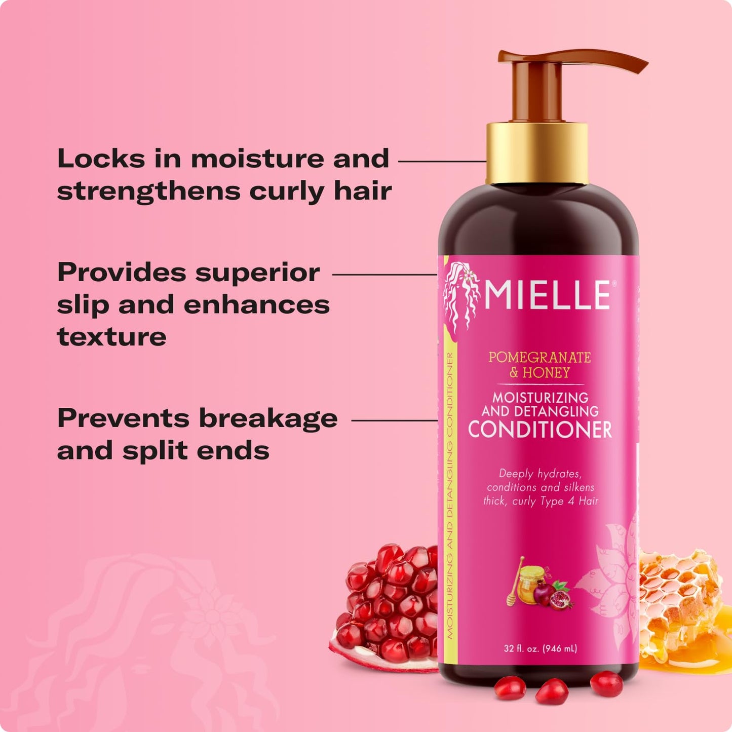 Mielle Organics Pomegranate & Honey Detangling Conditioner – Deep Moisturizing Formula for Curly Hair, Strengthens, Hydrates & Prevents Breakage, 12 Fl Oz