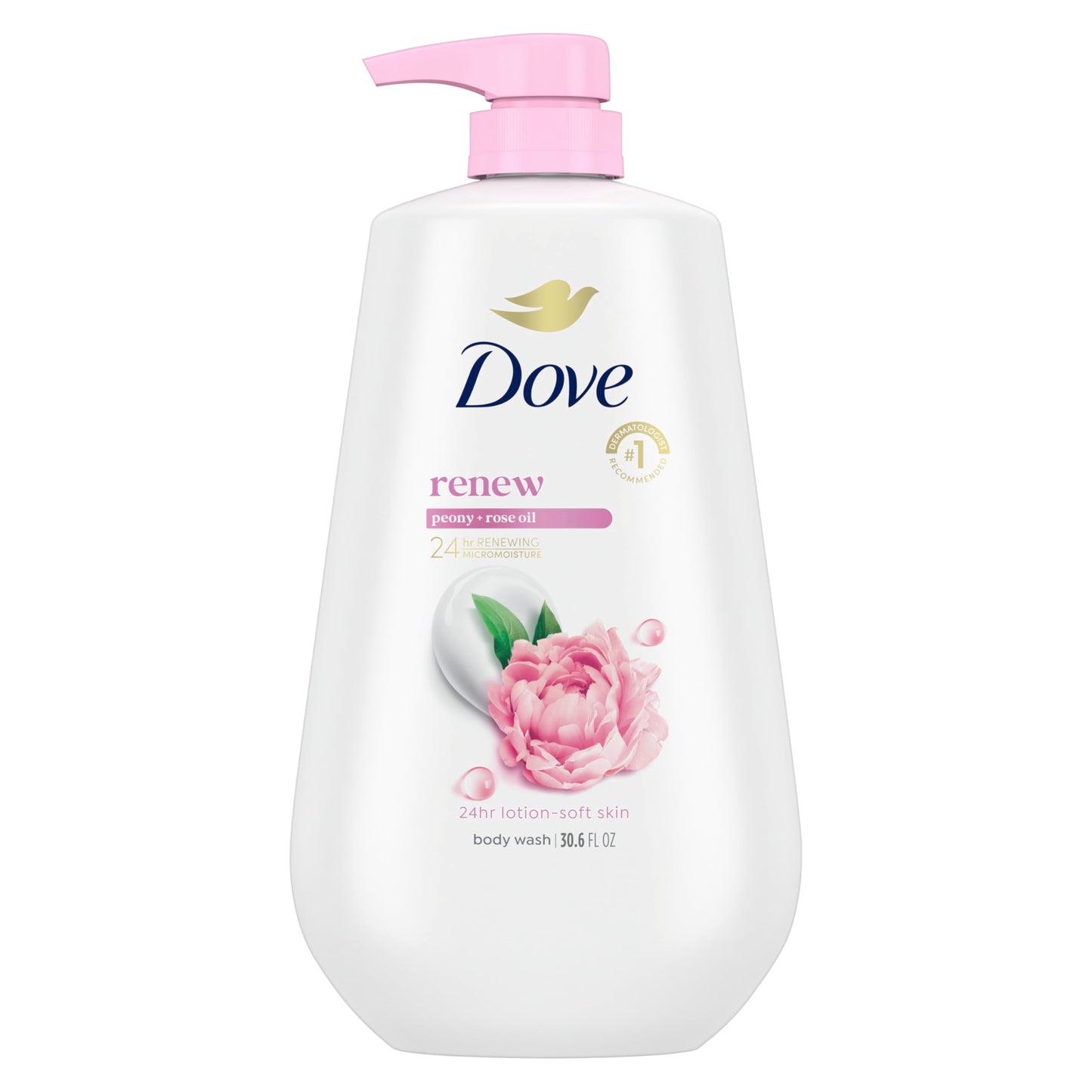 Dove Body Wash with Pump Renew Peony & Rose Oil For 24hr Lotion-Soft Skin Moisturizing Skin Cleanser with No Sulfates No Parabens 30.6 Oz
