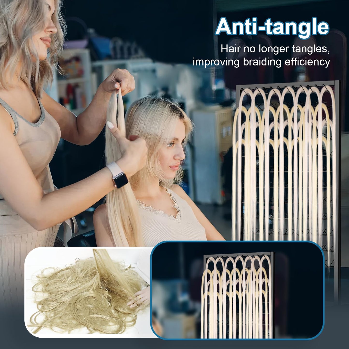 Portable Hair Braiding Rack with Wheels & Storage Drawers | 2-Sided 288 Pegs Hair Extension Holder & Organizer Stand with Tools (Black)