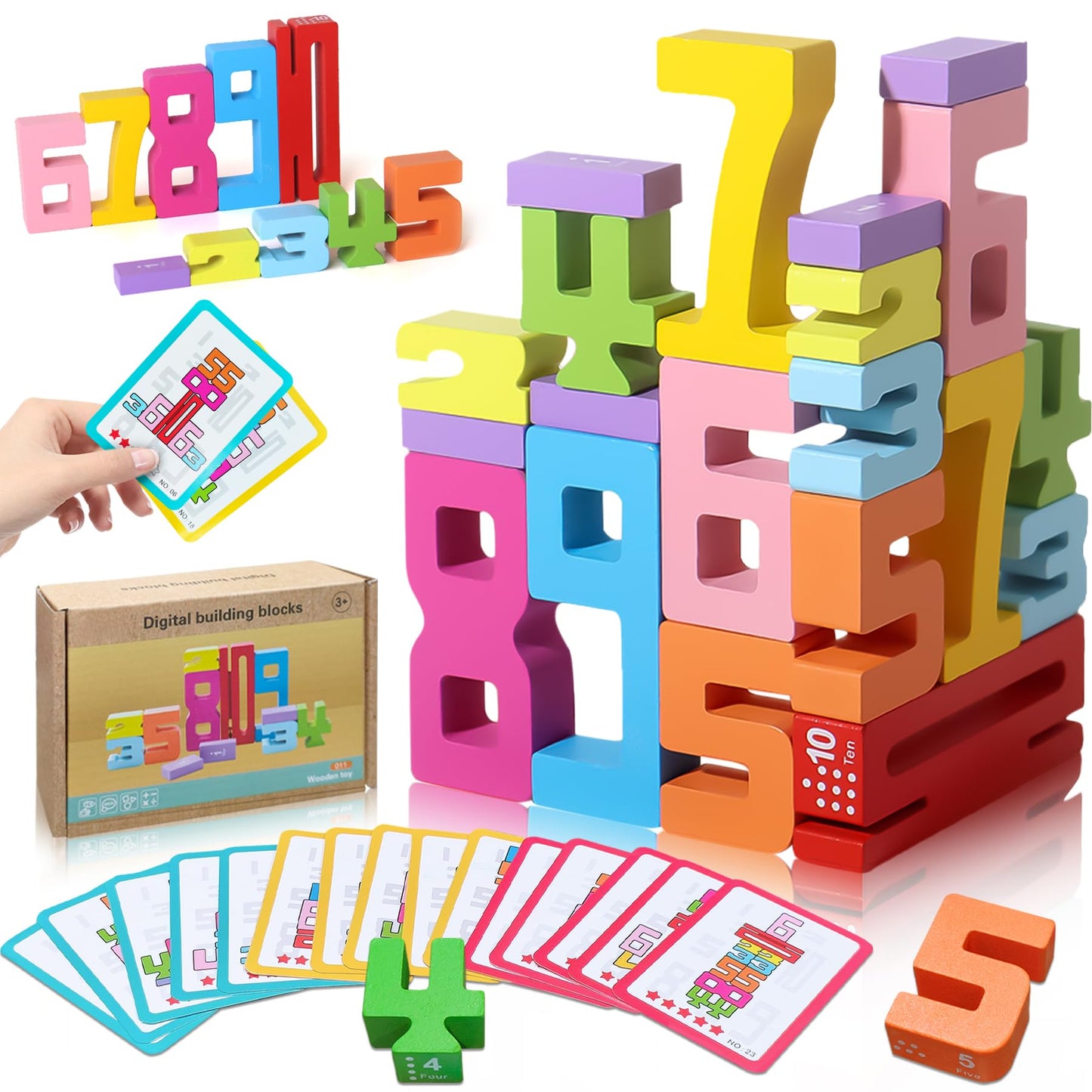 XPQKDC Wooden Number Blocks, 20-Pcs Stacking & Counting Toy for Kids 3+, Educational 1-10 Digital Blocks, Balance & Learning Gift