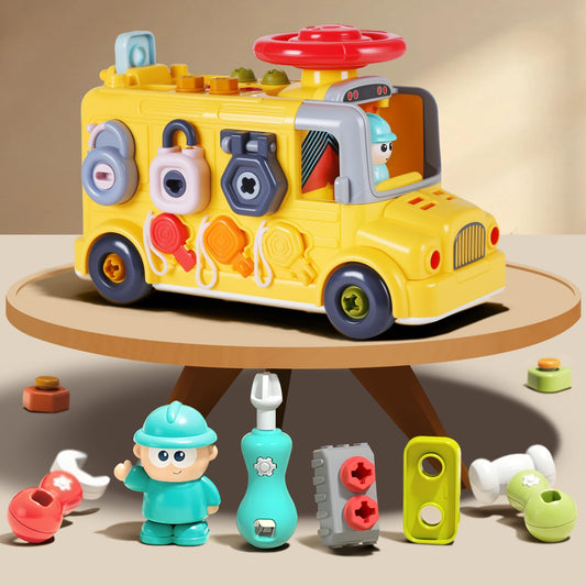 iPlay, iLearn Toddler Busy Bus Toy – Take Apart School Bus with Tools, Steering Wheel & Gears, STEM Montessori Push-Go Toy for Ages 3-5