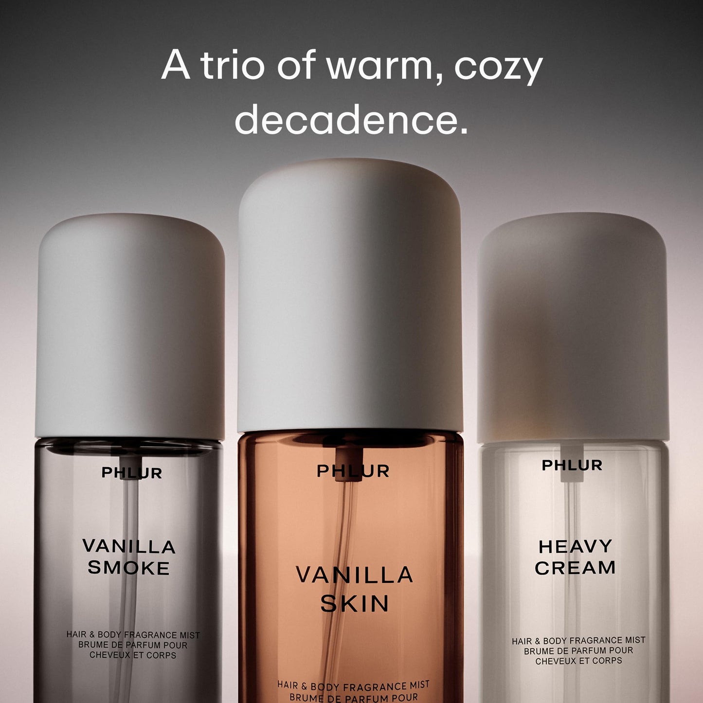 PHLUR Decadent Layering Set – Travel Size Body & Hair Mist Trio Gift – Vanilla Smoke, Vanilla Skin & Heavy Cream Fragrances (3 x 3 fl oz)