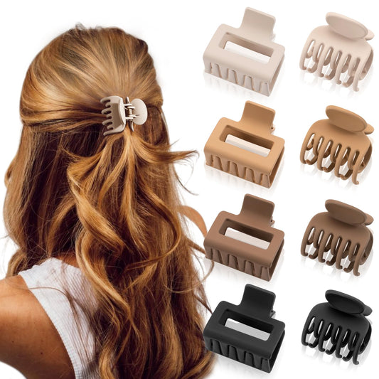 DEPOKA Matte Hair Claw Clips for Women & Girls – Rectangle & Double Row Small Clips for Thin to Medium Hair – Nonslip Jaw Clips (4 Pack: Beige, Khaki, Brown, Black)