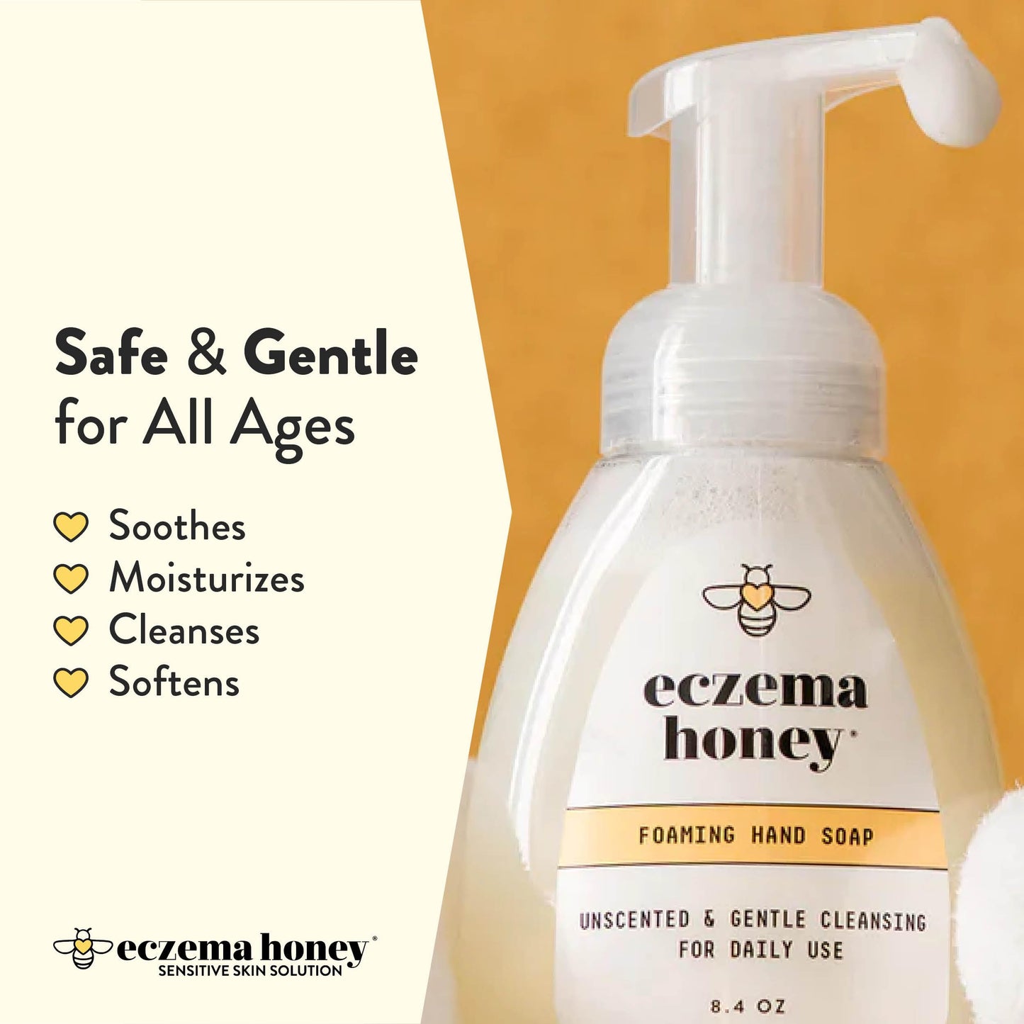 ECZEMA HONEY Gentle Foaming Hand Soap – Unscented, Non-Toxic, Organic Honey Cleanser for Dry Hands, Bathroom & Kitchen, 8.4oz