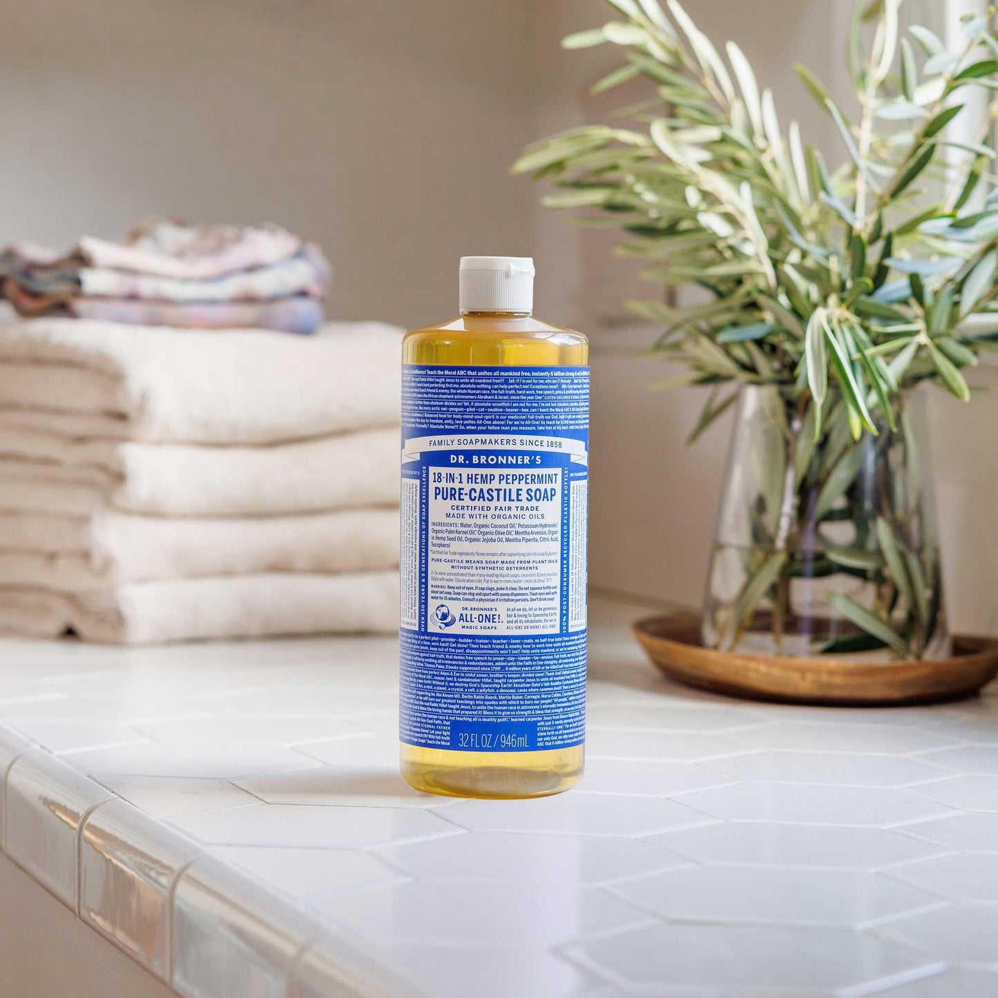 Dr. Bronner's Peppermint Pure-Castile Liquid Soap, 32oz – 18-in-1 Vegan Body Wash for Face, Hair, Hands, Laundry & More, Non-GMO