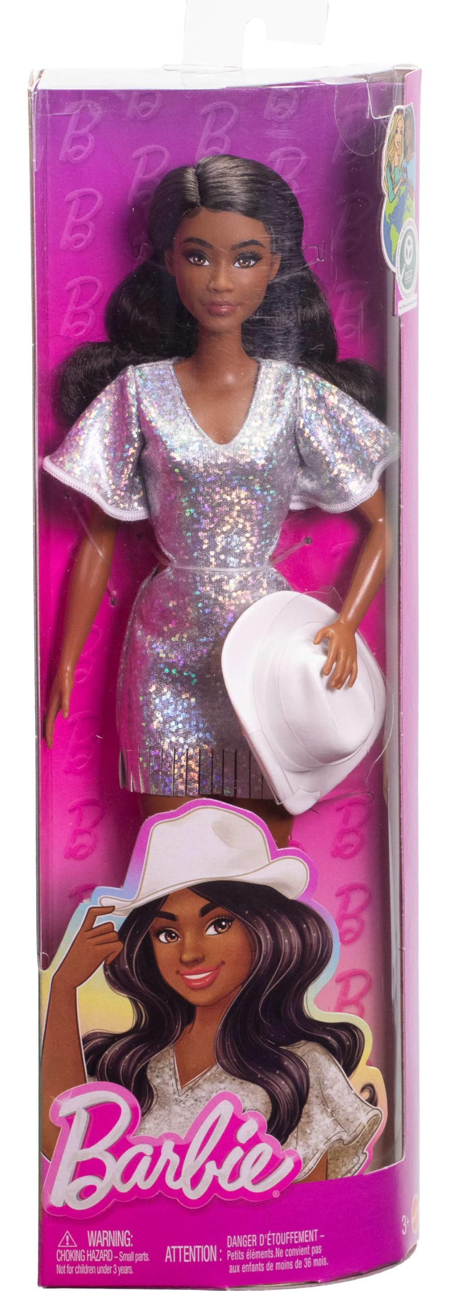 Barbie Fashionistas Doll #239 with Black Hair Wearing Sparkly Silver Fringe Dress with Western Accessories Like White Cowboy Hat and Boots