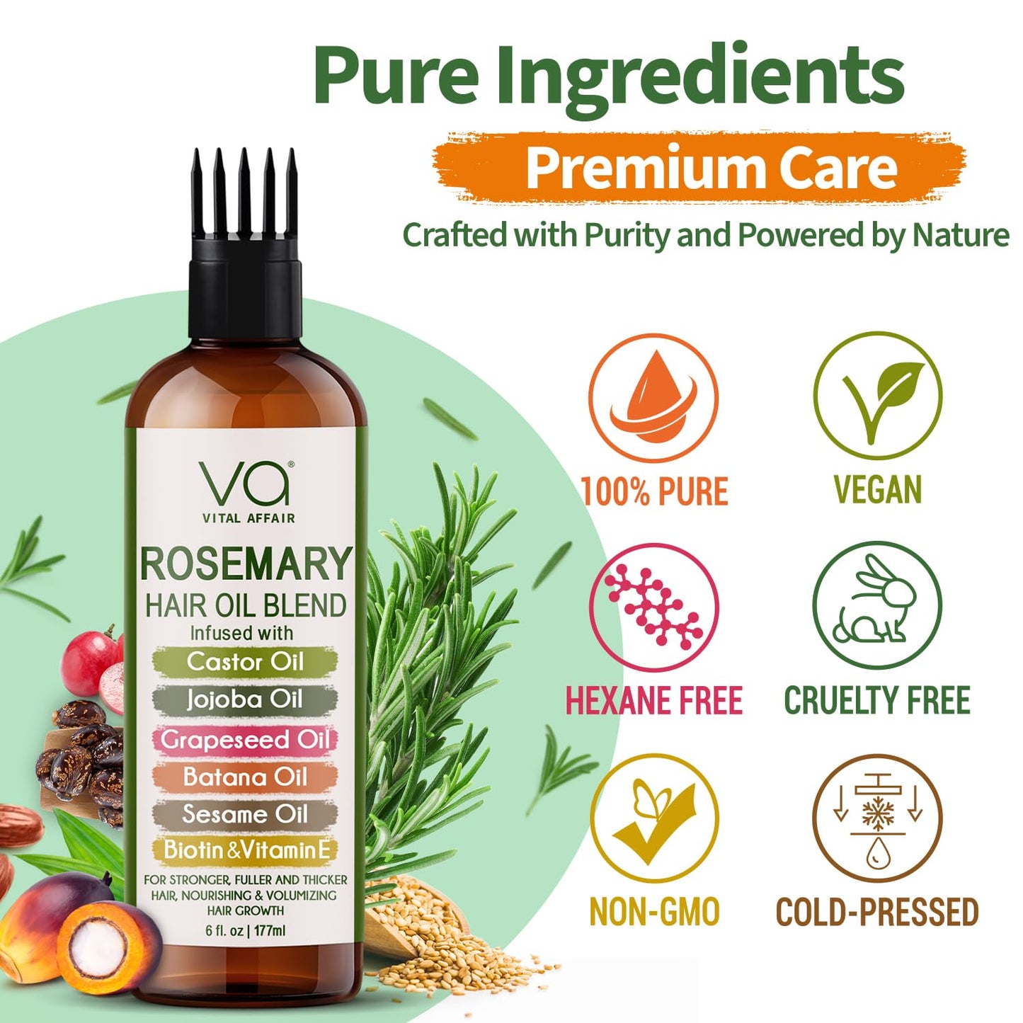 VITAL AFFAIR Rosemary Hair Growth Oil Blend | With Castor, Batana & Jojoba Oils | Infused with Biotin & Vitamin E | Strengthening Treatment, 6 Fl Oz