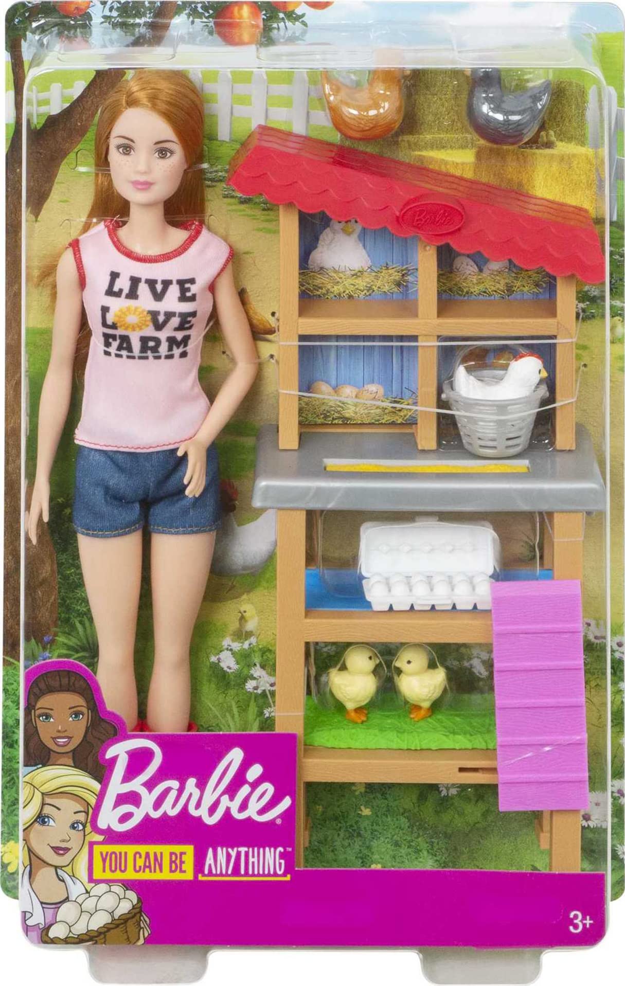 Barbie Chicken Farmer Doll & Playset with Henhouse, 3 Chickens, 2 Chicks & Accessories, Red-Haired Doll, Career Toy for Kids Ages 3-7 (Amazon Exclusive)