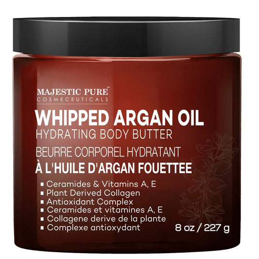 MAJESTIC PURE Whipped Argan Oil Body Butter 8oz with Ceramides, Vitamins A & E, Vegan Collagen – Moisturizes Skin & Reduces Fine Lines