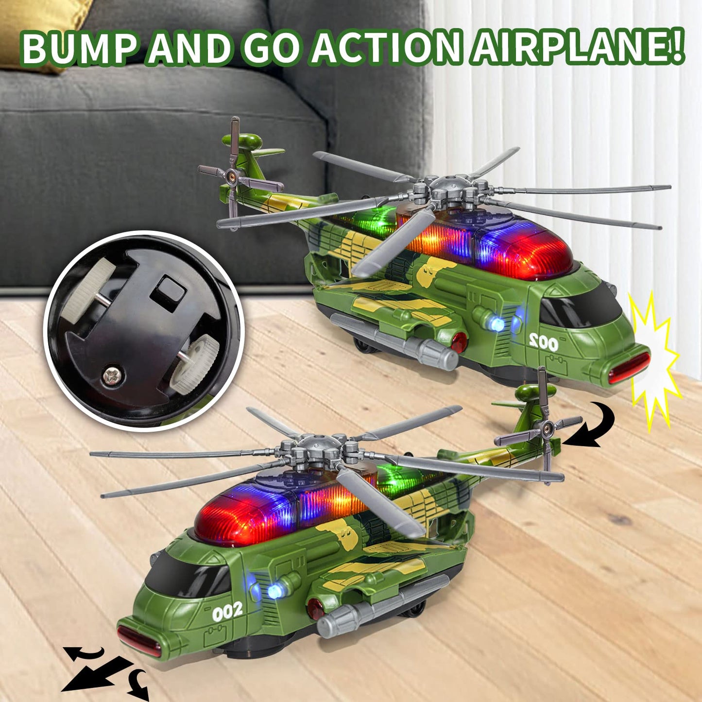Bloolilies Bump & Go Helicopter & Airplane Toy for Toddlers, Kids 1-7, with Lights & Music – Birthday Gift for Boys & Girls