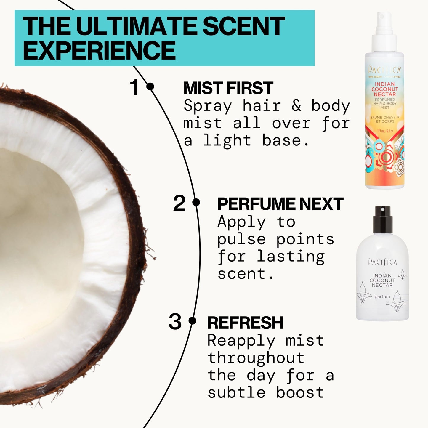 Pacifica Indian Coconut Nectar Hair & Body Mist – Alcohol-Free Perfume with Natural Essential Oils, Coconut & Vanilla Scent, Vegan & Cruelty-Free