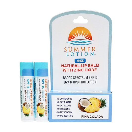 Summer Lotion Natural Lip Balm SPF 15 with Zinc Oxide, Water-Resistant Sunblock Chapstick, 2-Pack Pina Colada Flavor
