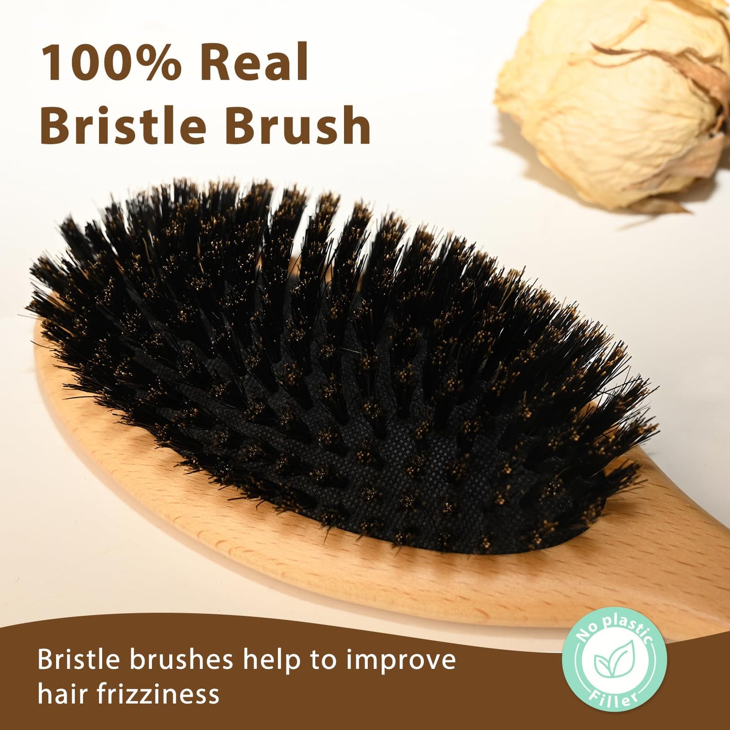 BLACK EGG Boar Bristle Hair Brush Set – Soft Natural Bristles for Thin & Fine Hair, Restores Shine & Texture, Includes Bamboo Comb & 3 Hair Ties