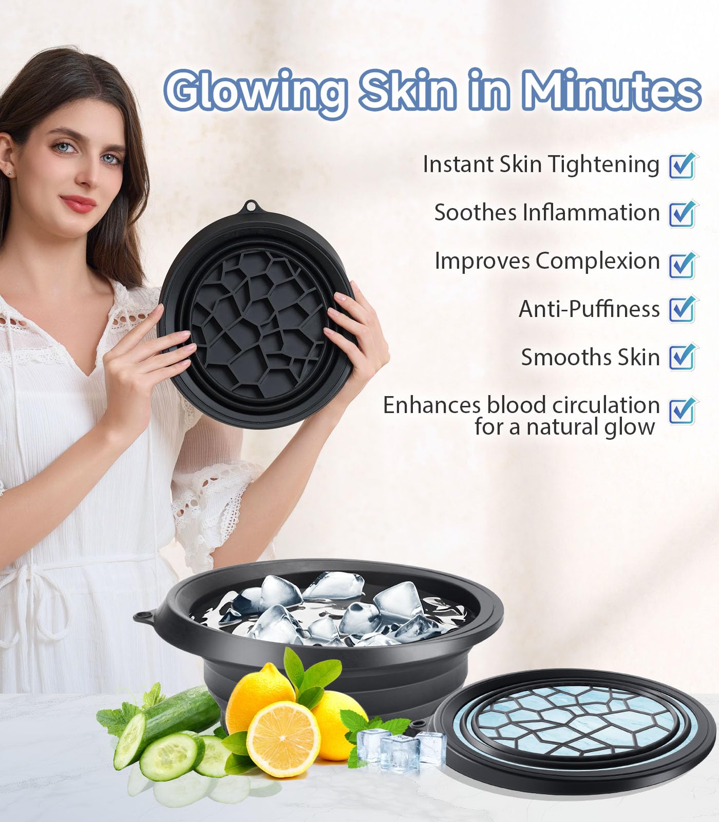 Collapsible Silicone Face Ice Bowl with Built-In Tray – Cold Plunge Therapy for Skin Tightening, Acne Relief & Home Spa (Black)