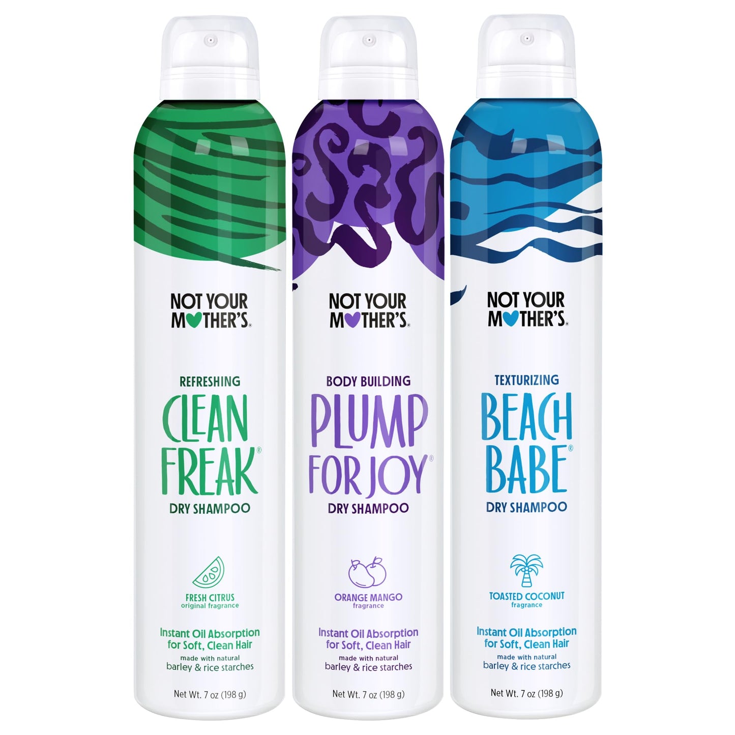 Not Your Mother's Dry Shampoo Spray 3-Pack – Clean Freak, Plump for Joy & Beach Babe – Absorbs Oil, Refreshes Hair & Extends Style, 7 oz Each