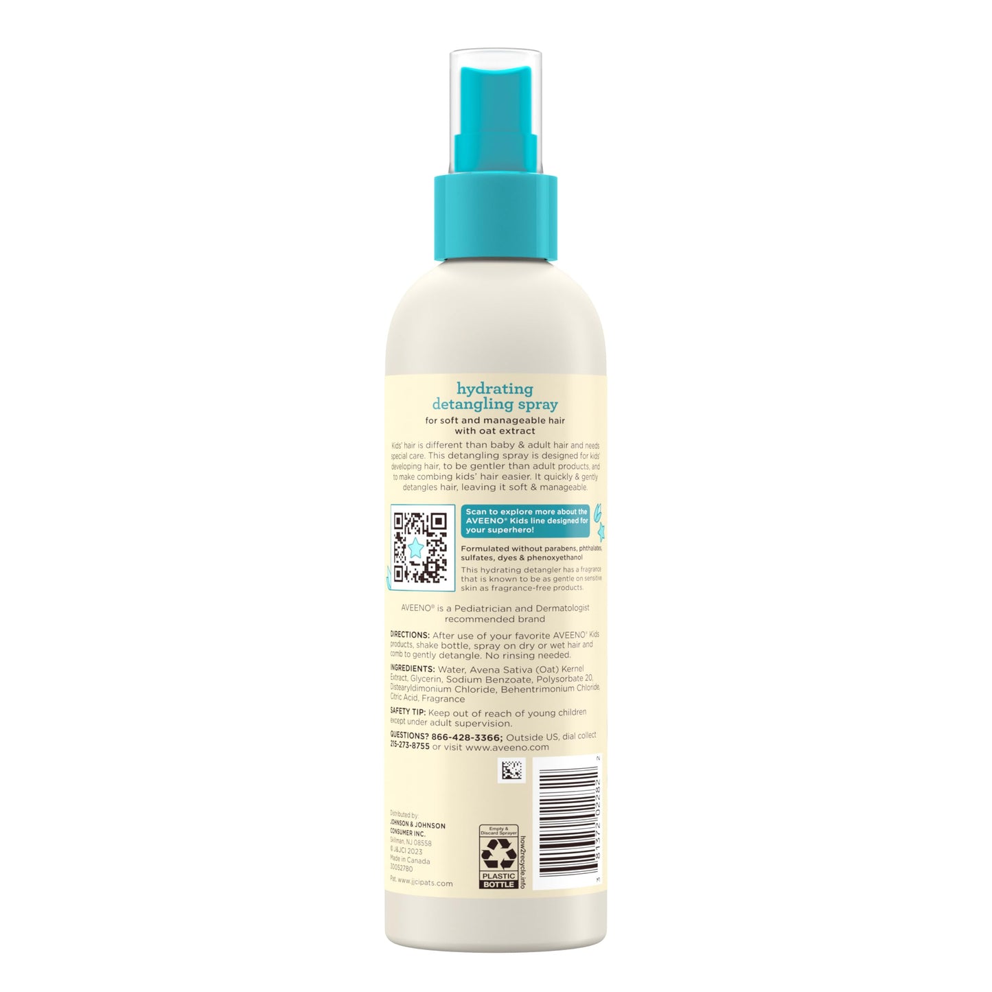 Aveeno Kids Hydrating Detangling Spray with Oat Extract, Tear-Free & Hypoallergenic, Gently Detangles Hair & Moisturizes Scalp, 10 fl oz