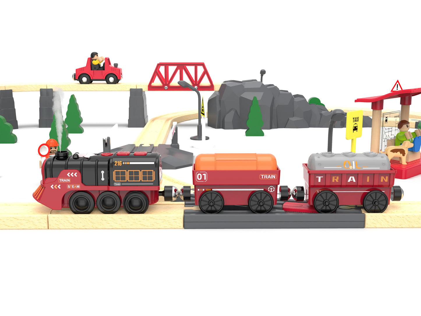 Electric Toy Train Set for Wooden Tracks – Battery Operated Christmas Train with Lights, Sounds & Smoke, Compatible with Thomas & Brio