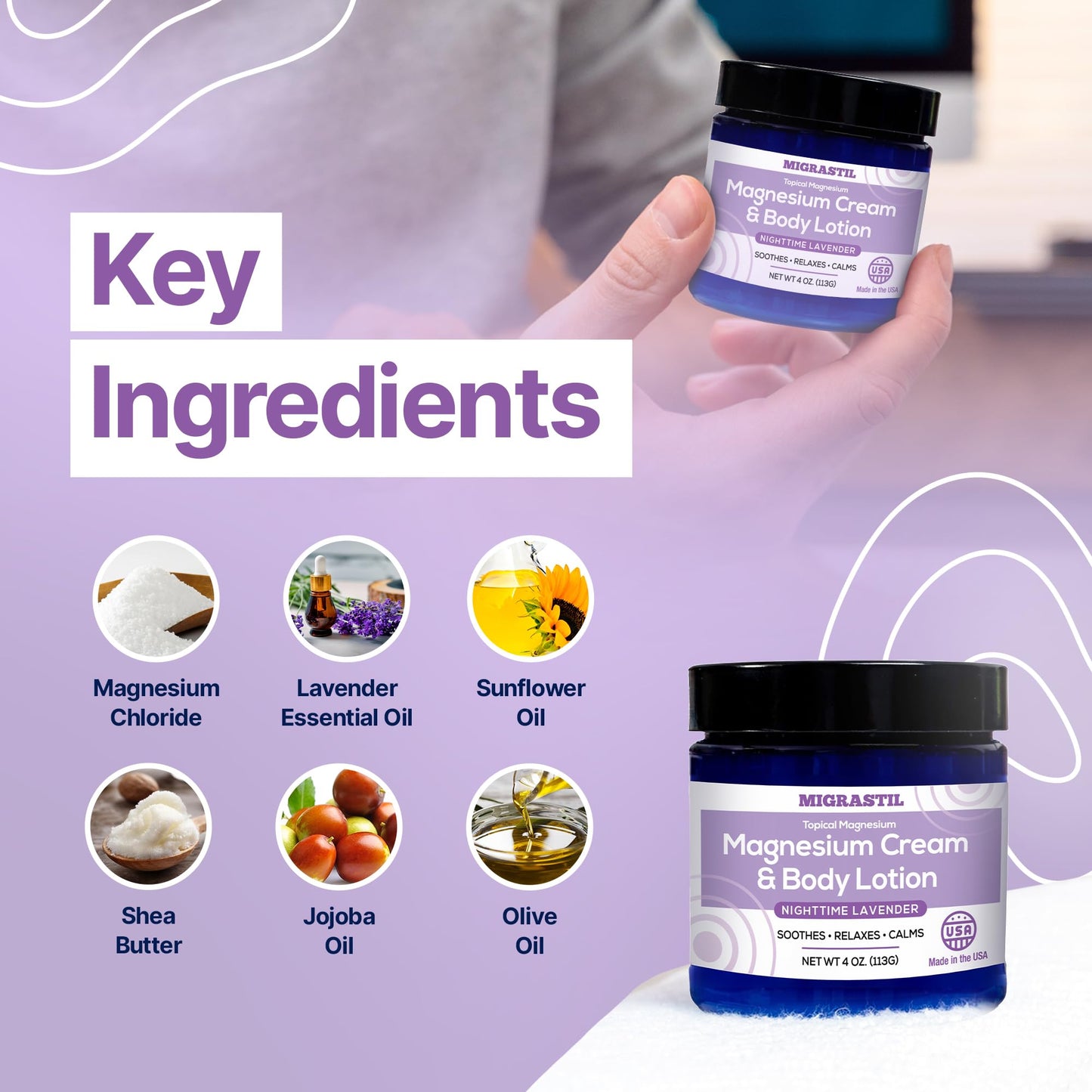 MIGRASTIL Nighttime Lavender Magnesium Cream & Non-Greasy Lotion, 250mg Extra Strength, Muscle Relief, Leg Cramps, Relaxation, Vegan USA