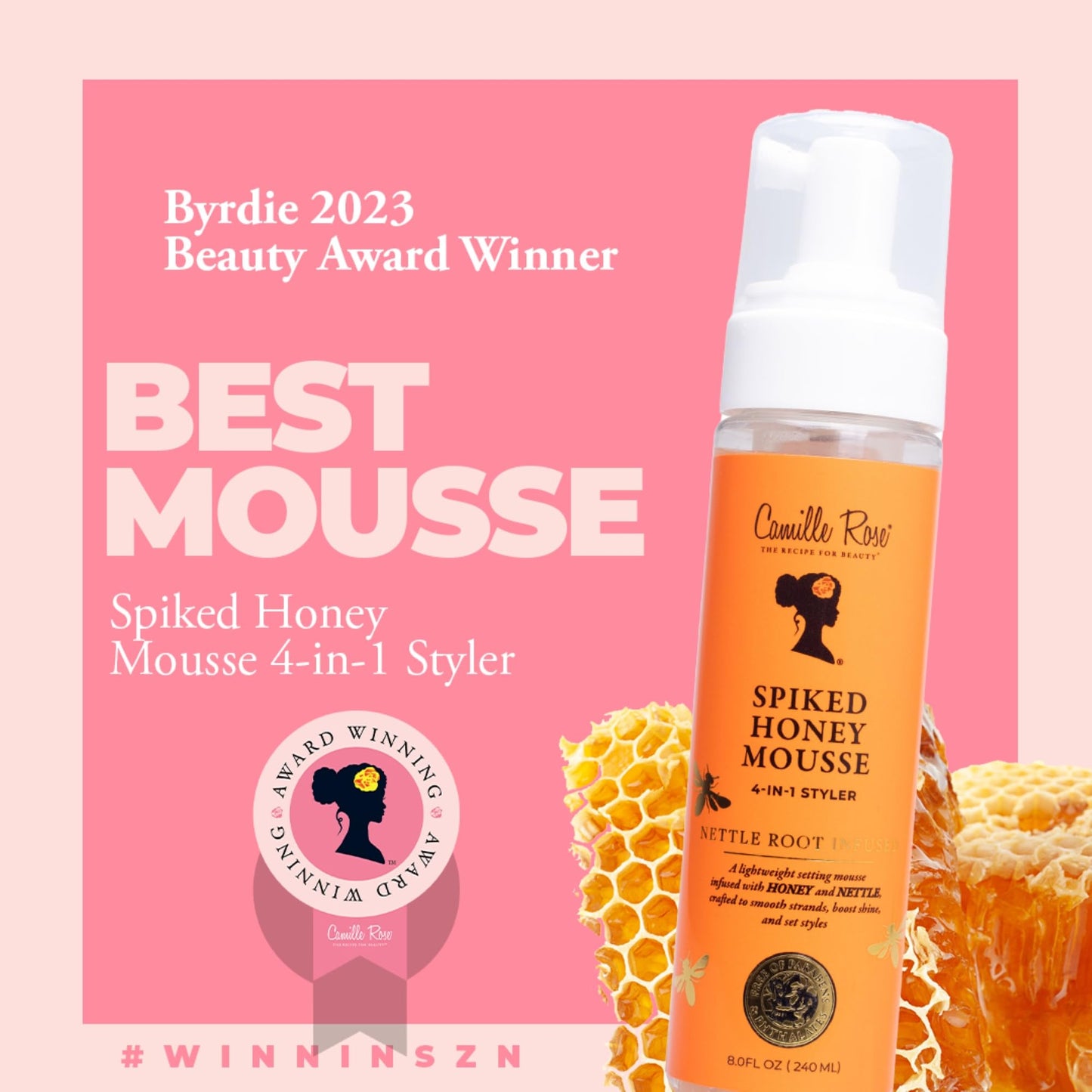 Camille Rose Spiked Honey Mousse 4-in-1 Hair Styler with Nettle Root – Nourishes, Hydrates, Defines Curls & Adds Shine – For All Hair Types, 8 fl oz