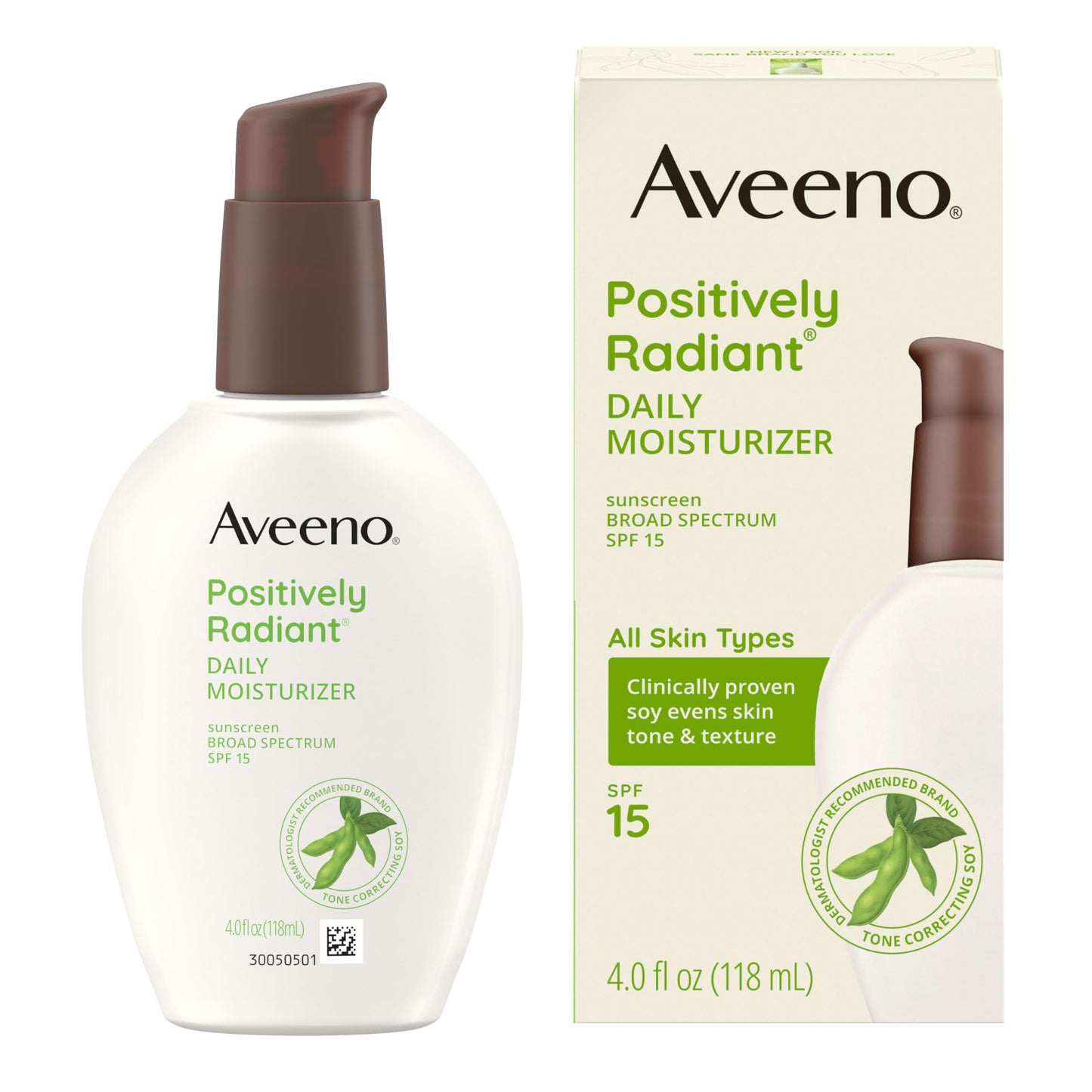 Aveeno Positively Radiant Daily Moisturizer SPF 15 – Hydrating, Oil-Free Face Cream with Soy Extract for Even Skin Tone, 4 FL OZ