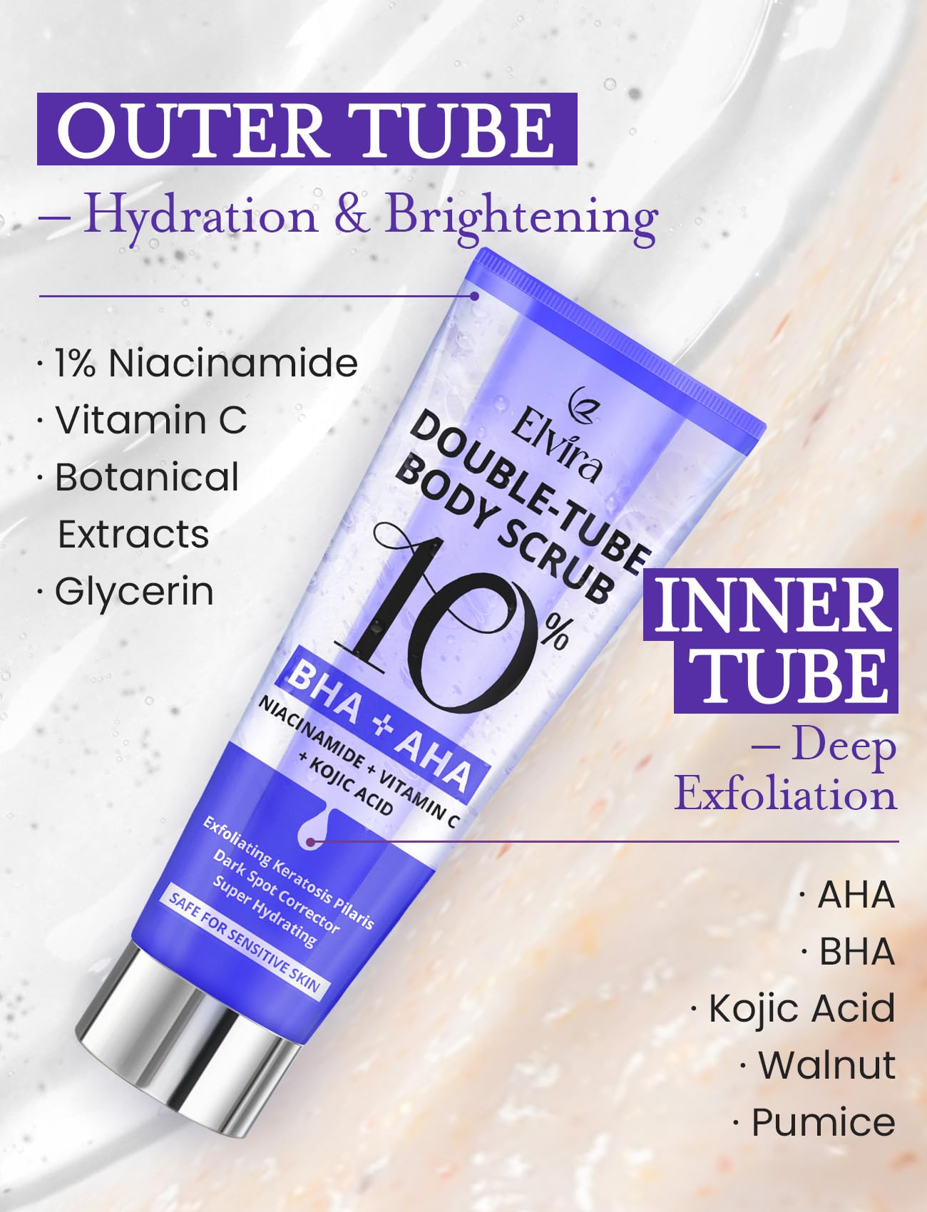 Elvira KP Bump Eraser Scrub – Exfoliating Foot & Body Cleanser with 10% AHA/BHA & Niacinamide for Smooth, Moisturized Skin