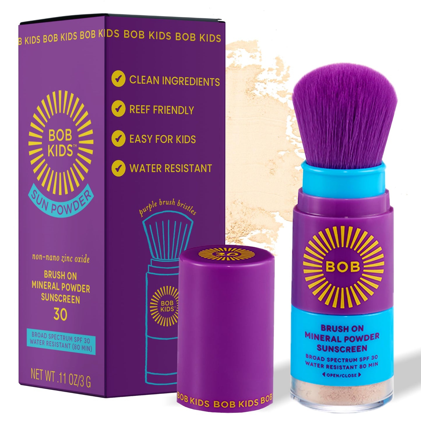 BOB KIDS SPF 30 Brush-On Mineral Sunscreen for Kids & Babies – Broad Spectrum, Water Resistant 80 Min, Fragrance-Free, Made in USA
