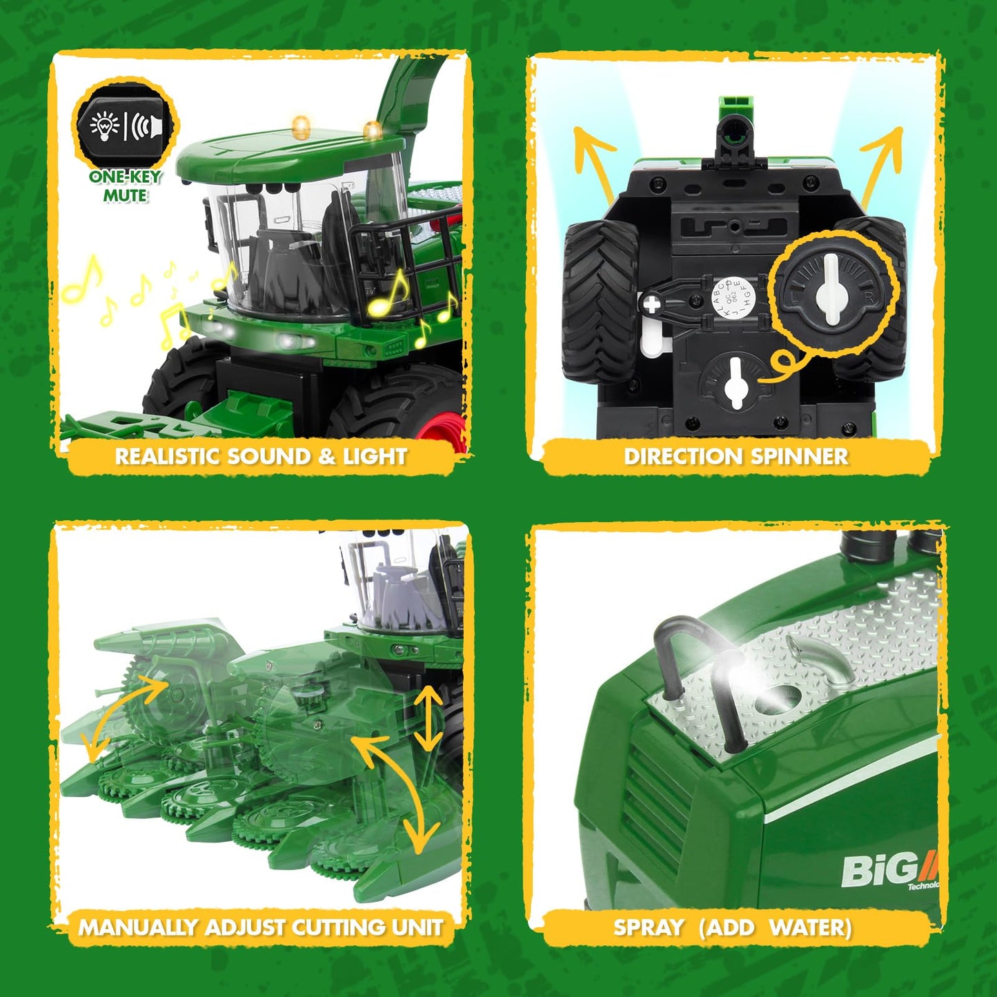 Remote Control Combine Harvester Tractor Toy 1:24 RC Farm Vehicle with Lights, 2 Grain Heads & Rechargeable Batteries for Kids 4-9