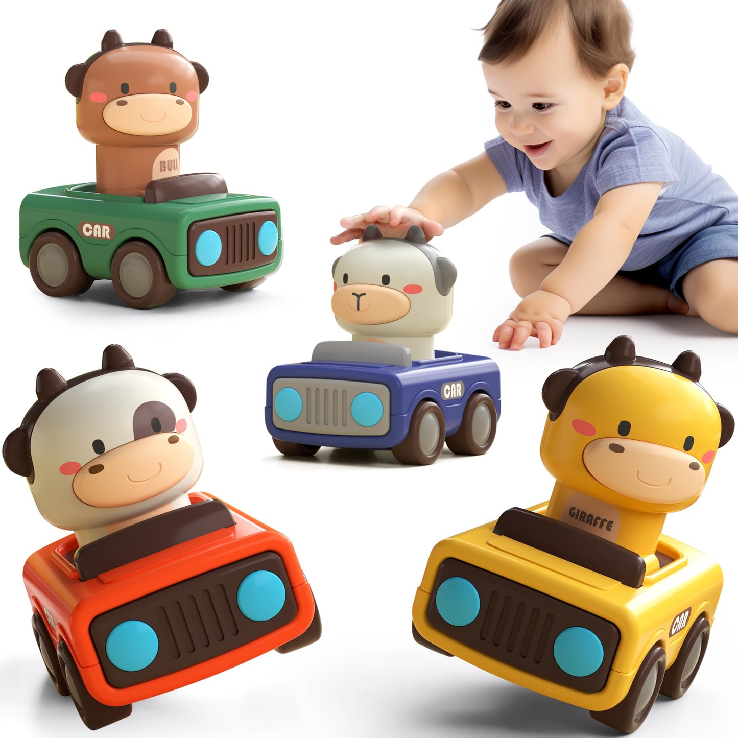 iPlay iLearn Press-to-Go Car Toys for Toddlers 6-18 Months, Baby Animal Racing Cars, Push & Go Friction Vehicle Set, 1st Birthday Gift