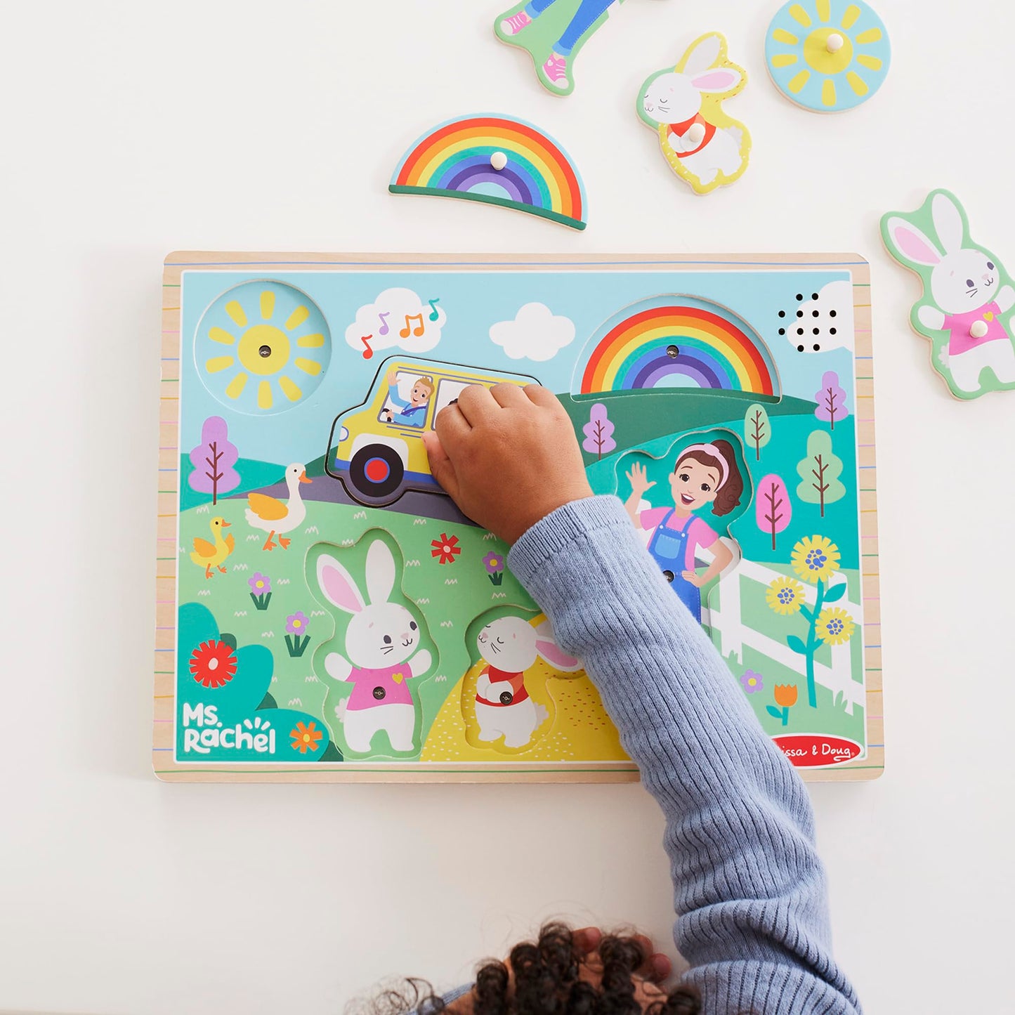 Melissa & Doug Ms. Rachel Wooden Song Peg Puzzle – 6-Piece Light-Activated Sound Puzzle, Toddler Toy for Ages 2-5+, FSC Certified