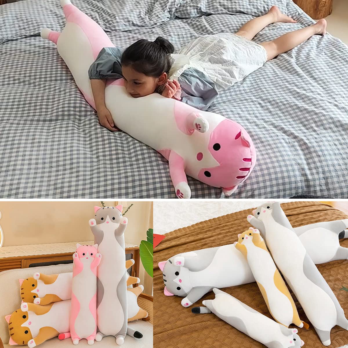 Giant Cat Pillow Plush, Soft Long Kitty Body Hugging Cushion Toy, Cuddly Cartoon Cat Plush Doll for Kids & Girlfriend (Gray, 110cm)