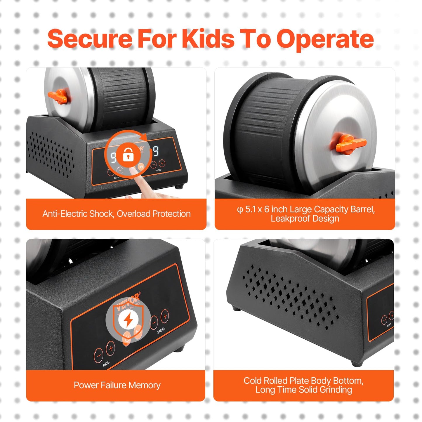 VEVOR 4 lbs Rock Tumbler Machine – 9-Speed Stone Polisher with 9-Day Timer, Direct Drive Motor, Cold-Rolled Steel, for Kids & Adults