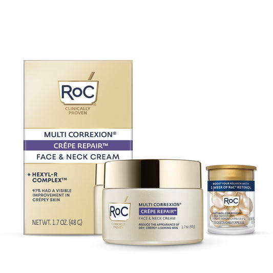 RoC Crepe Repair Daily Face & Neck Moisturizer 1.7oz + Retinol Wrinkle Smoothing Capsules 7ct – Anti-Aging Skincare for Men & Women