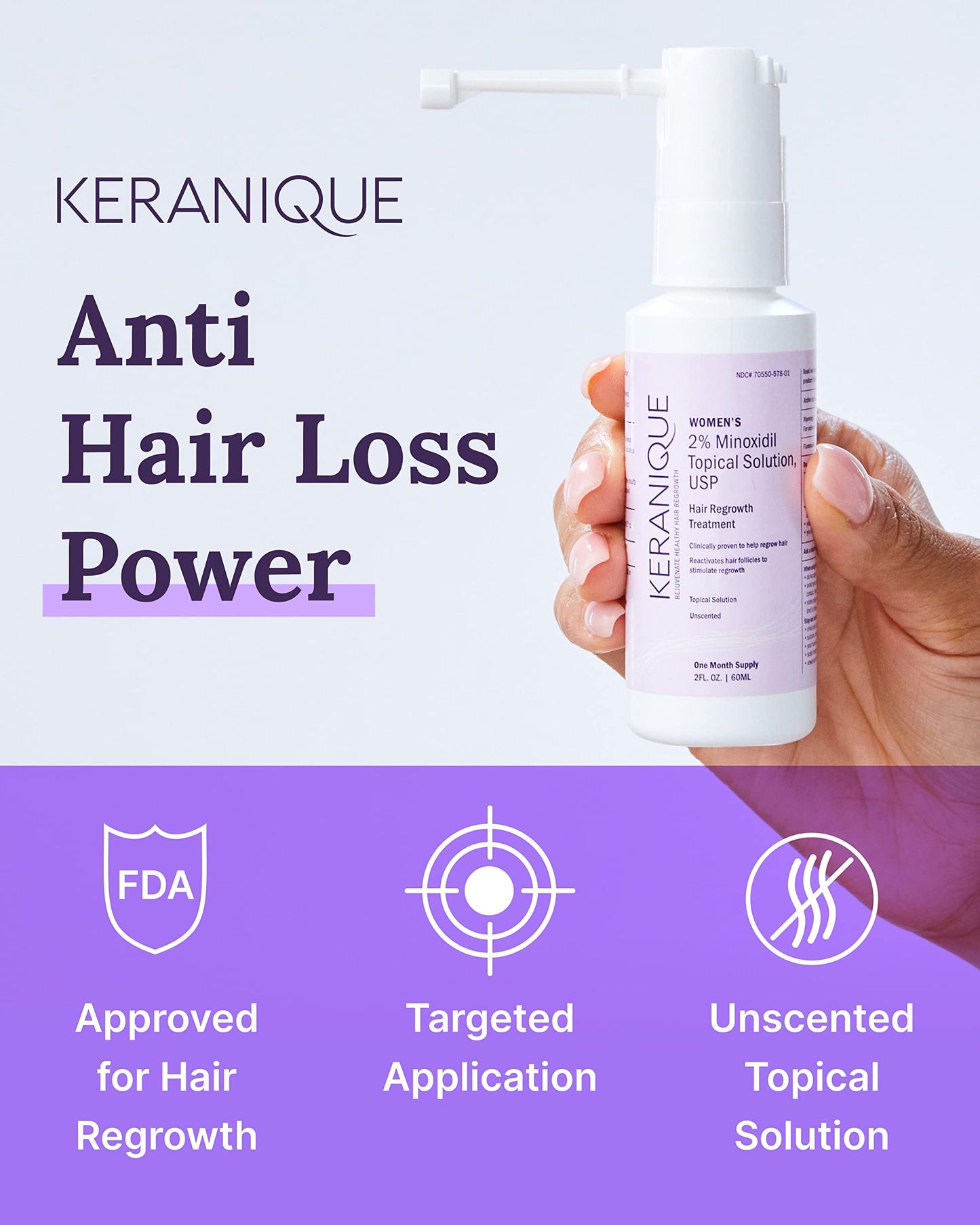 Keranique Hair Regrowth Treatment for Women with 2% Minoxidil - Promotes Thicker, Fuller Hair - Precision Spray for Hair Loss & Thinning, 2 Fl Oz