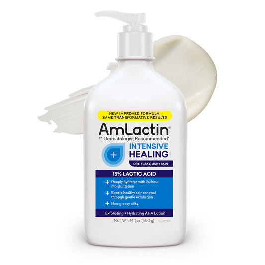 AmLactin Intensive Healing Body Lotion 14.1oz Pump – 2-in-1 Exfoliator & Moisturizer with 15% Lactic Acid & Ceramides for Dry Skin
