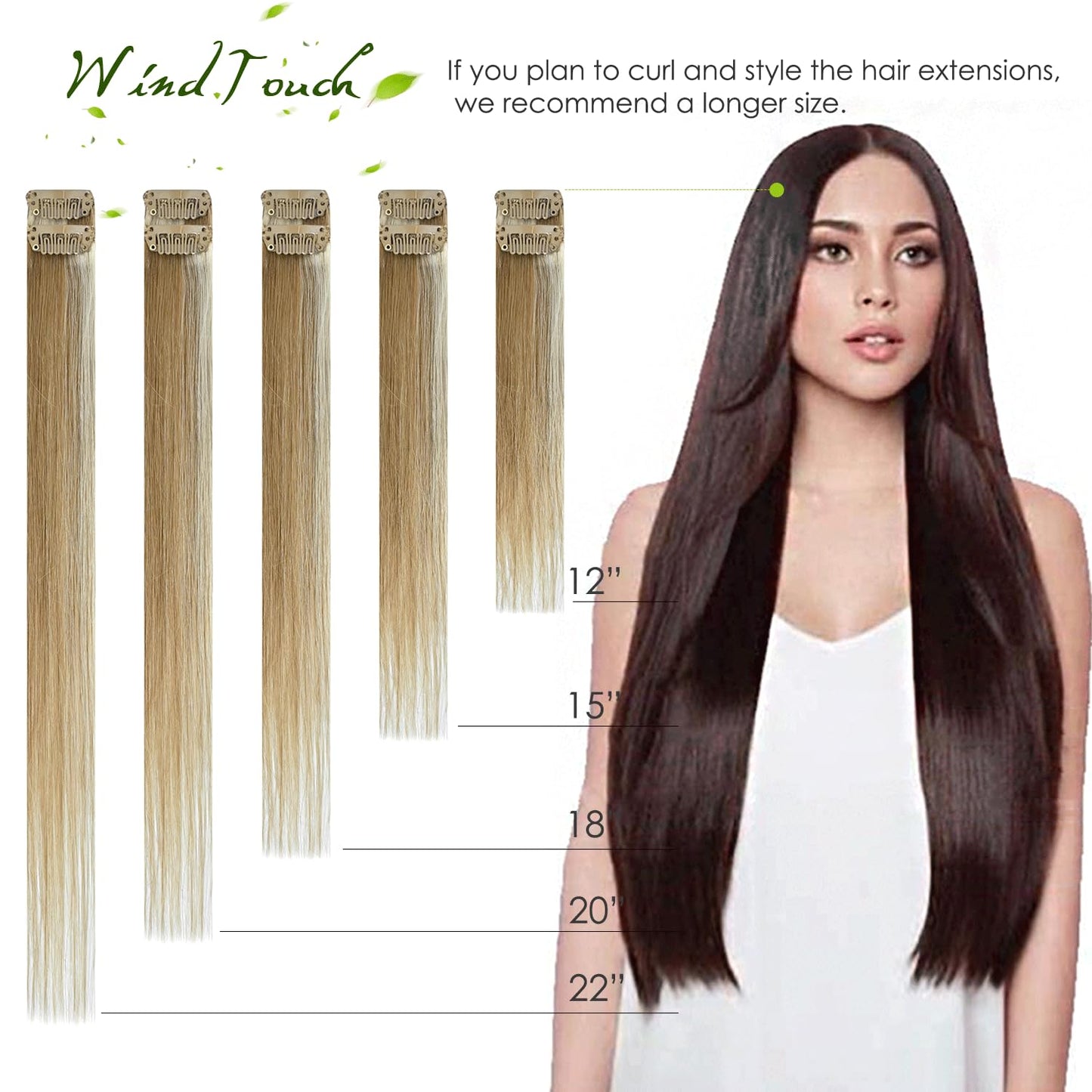 WindTouch Real Human Hair Clip-in Extensions 15” 75g 7PCS – Balayage Mixed Bleach Blonde Highlights, Straight Hair Extensions for Women