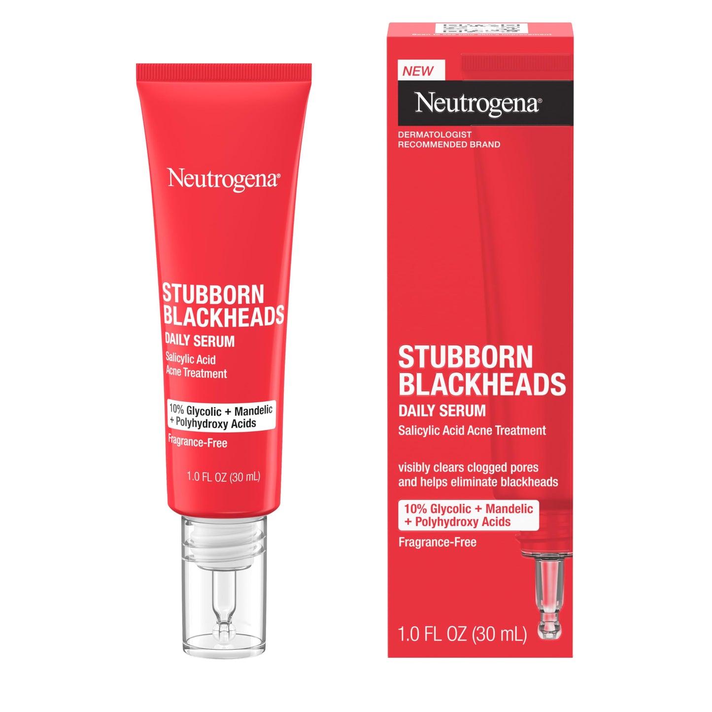 Neutrogena Stubborn Blackheads Daily Acne Serum with Salicylic, Glycolic, Polyhydroxy & Mandelic Acids, Oil-Free Face Serum, 1 fl. oz