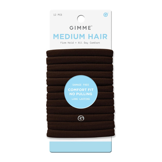 Gimme Beauty Medium Hair Bands – Seamless Nylon & Spandex, No-Snag, No-Dent Ponytail Holders for All Hair Types, Dark Brown (12 Pack)