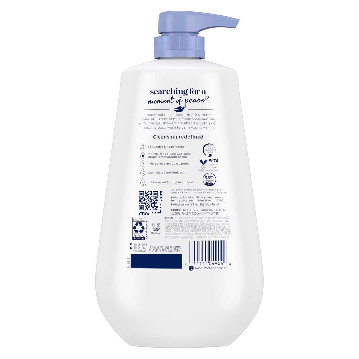 Dove Anti-Stress Body Wash with Pump – Blue Chamomile & Oat Milk, 24hr Moisturizing Cleanser, Sulfate & Paraben Free, 30.6 oz