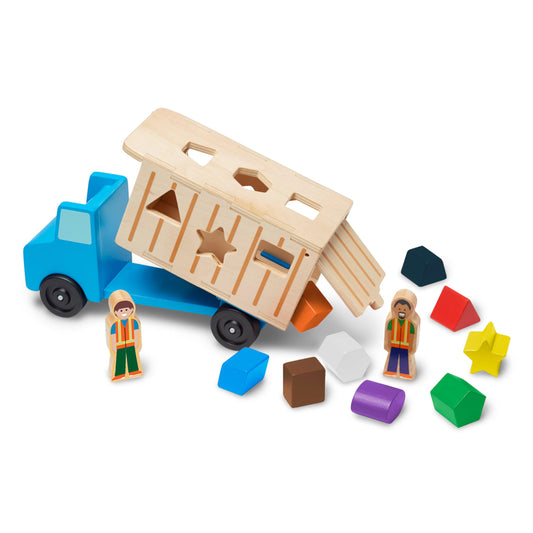 Melissa & Doug Wooden Shape-Sorting Dump Truck Toy – 9 Colorful Shapes & 2 Figures, Educational Shape Sorter Truck for Toddlers Ages 2+