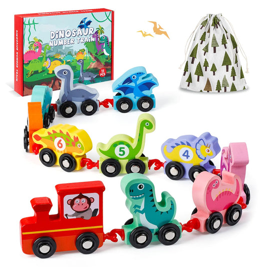 EDUJOY Wooden Dinosaur Train Set for Toddlers, Montessori Learning Toy, Easter & Birthday Gifts for Boys & Girls Ages 2-4