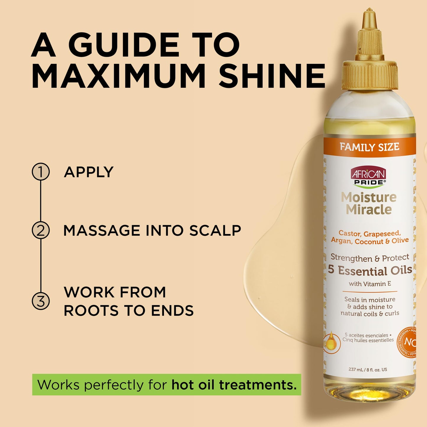 African Pride Moisture Miracle 5 Essential Hair Oils with Vitamin E – Hydrates, Adds Shine & Promotes Growth with Argan, Castor, Coconut & Olive Oils, 8 oz