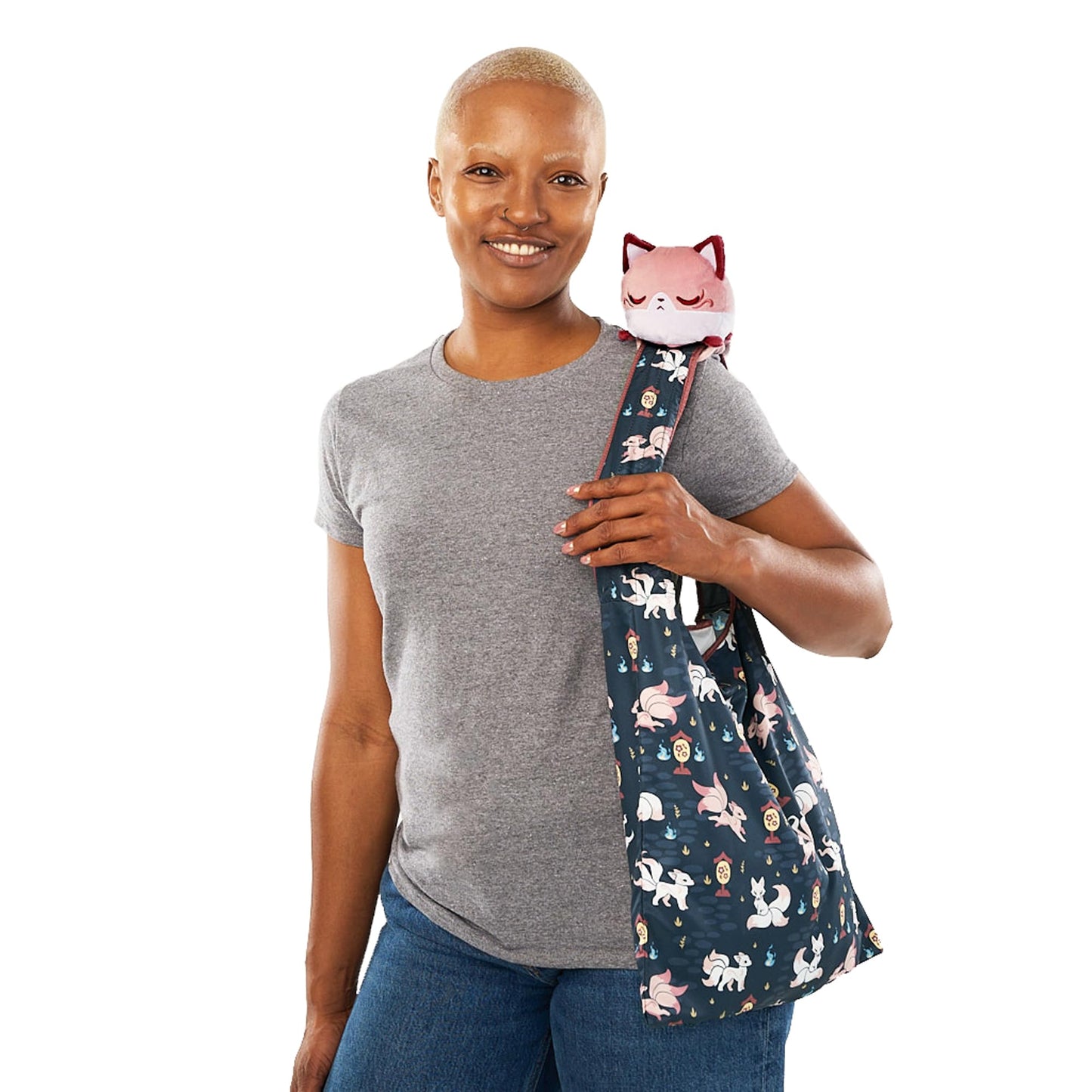 TeeTurtle Plushie Tote Bag - Myths and Cryptids - Red and Navy Blue Kitsune - Novelty Foldable Shoulder Bag